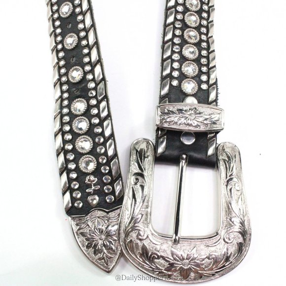 Kippys Women\'s Iconic Cowboy Black Leather Rhinestone Studded Silver Buckle Belt main image 6